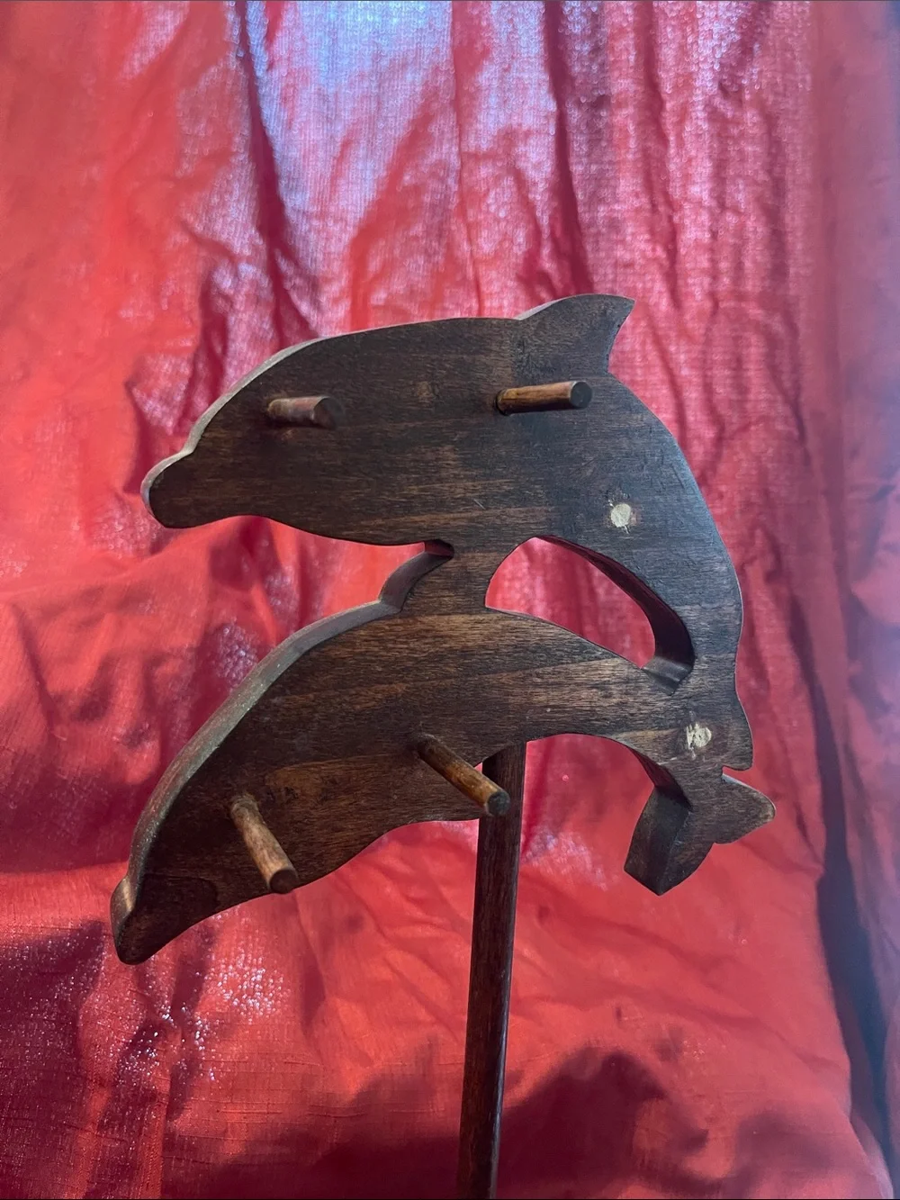 Handcrafted Wooden Dolphin jewelry Display hanger Brown 4 pegs & base project